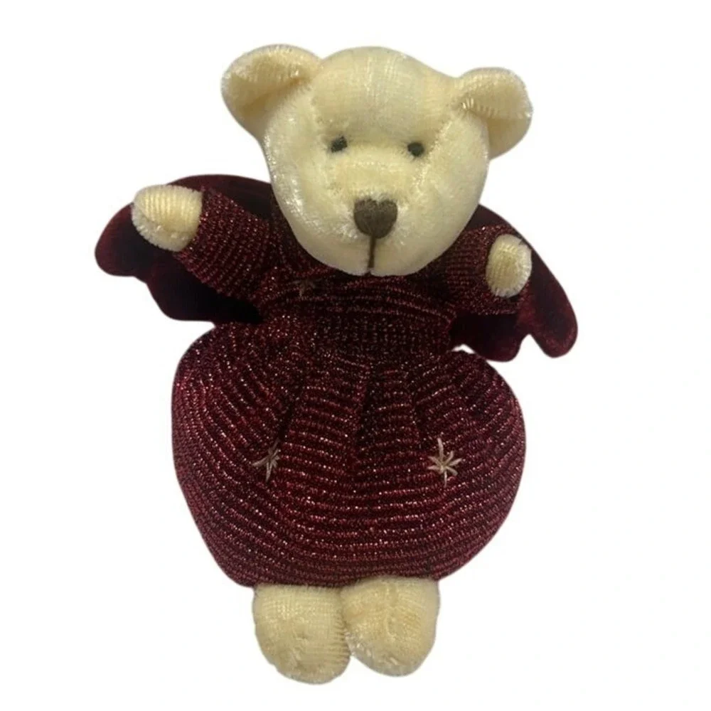 VTG Russ Small Angel Bear Christmas Ornament‎ Burgundy Dress & Wings